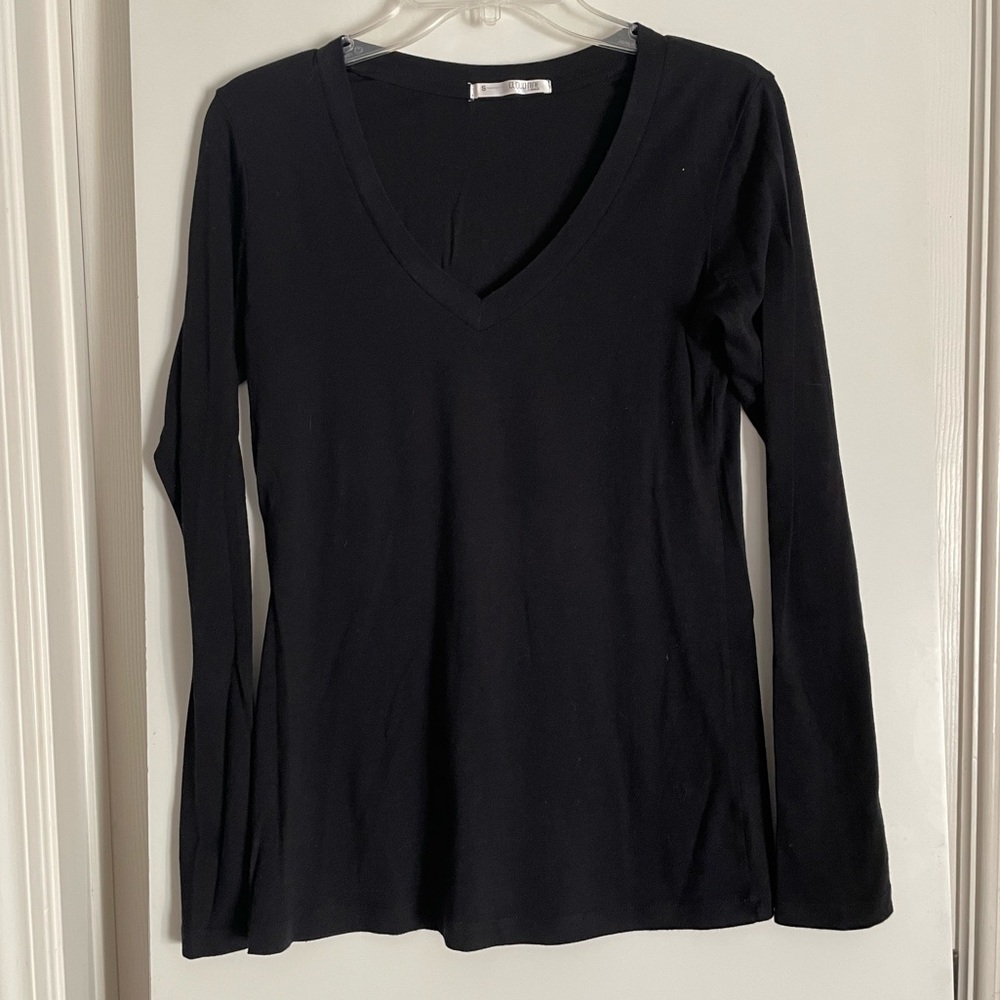 Cloud Nine Basic Black Cotton Long Sleeve V Neck T Shirt Top